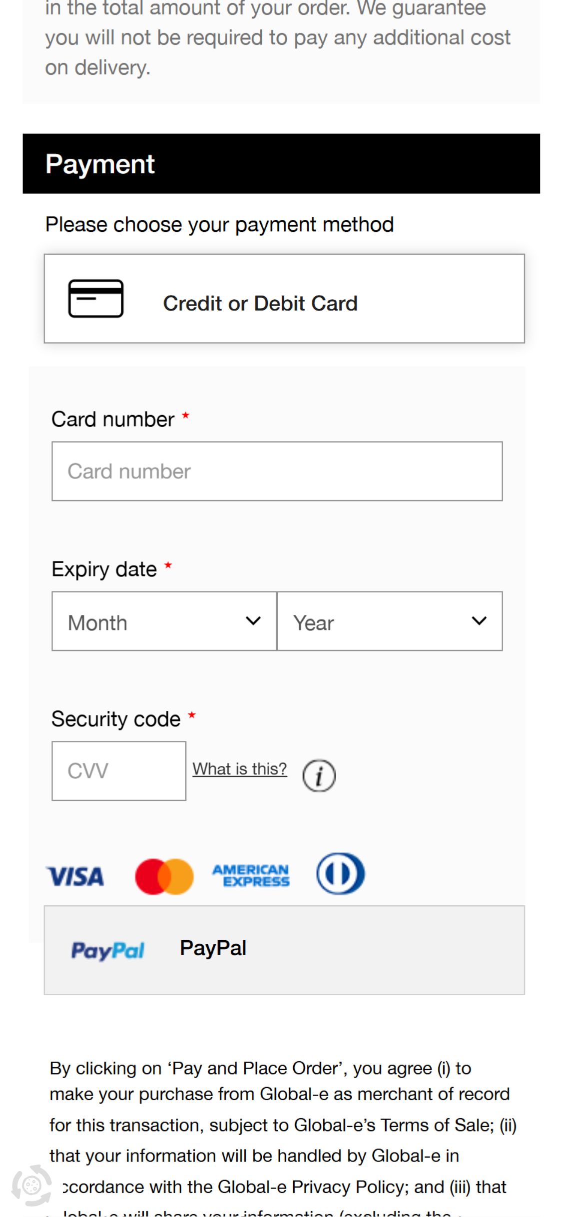 Ganni — Cart with payment icons (Visa, Mastercard, Apple Pay) and secure payment messaging