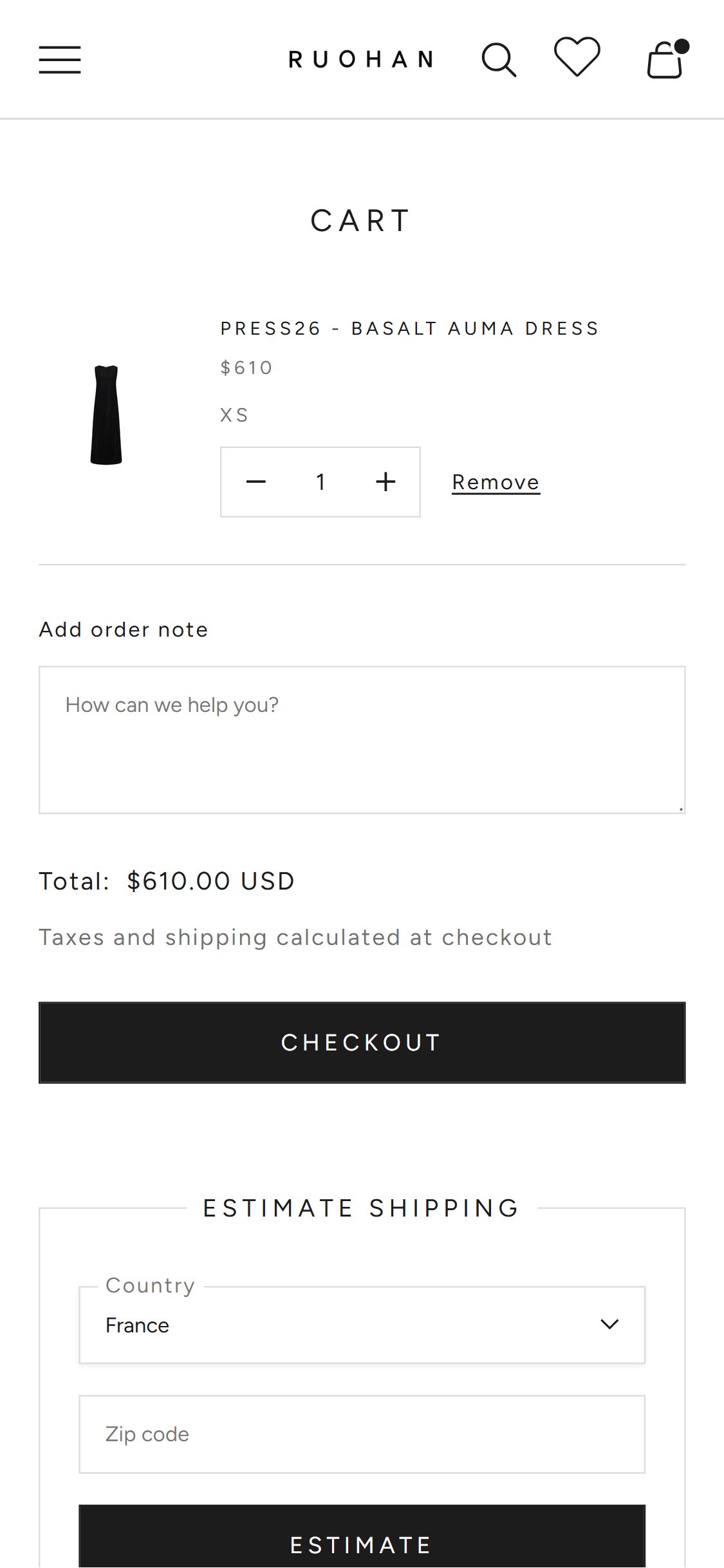 Ruohan — Cart with single item and no product recommendations