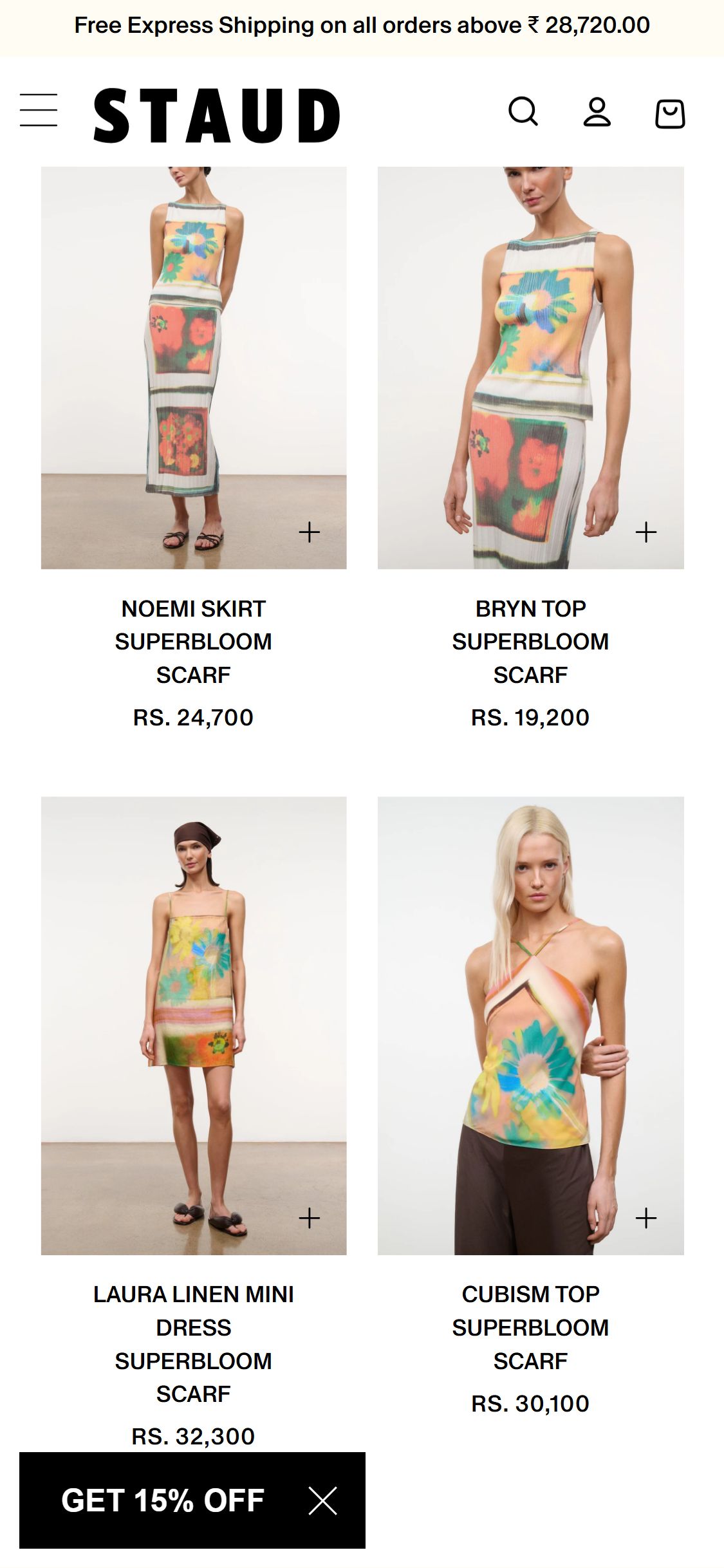 Staud — Collection cards with inline image color swatches showing available colorways
