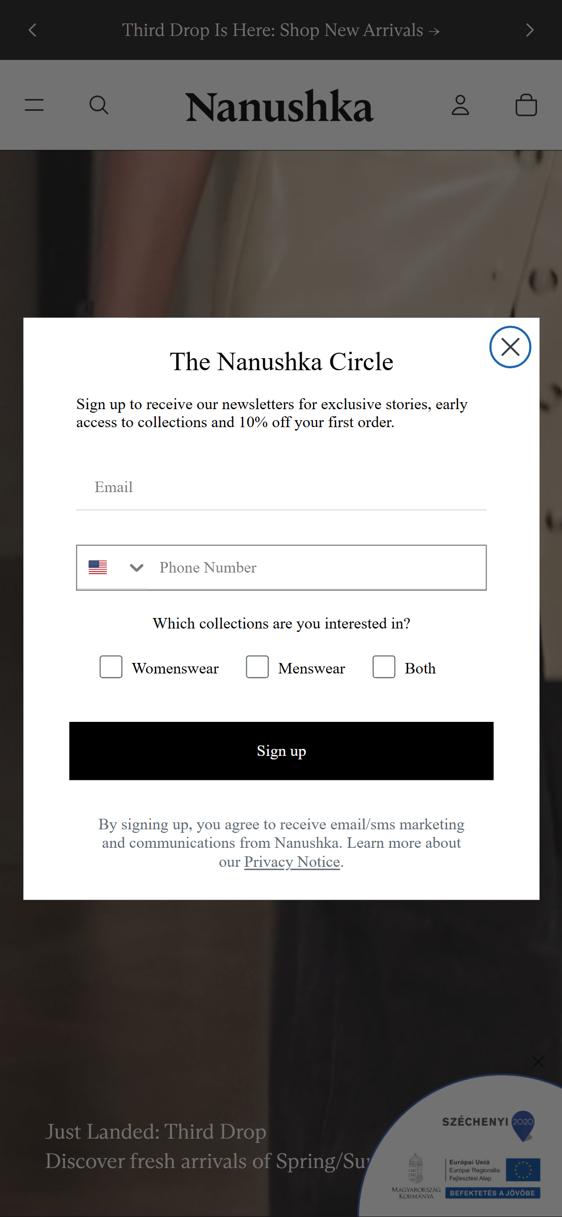 Nanushka — Email signup popup with 10% first-order incentive and early access offer