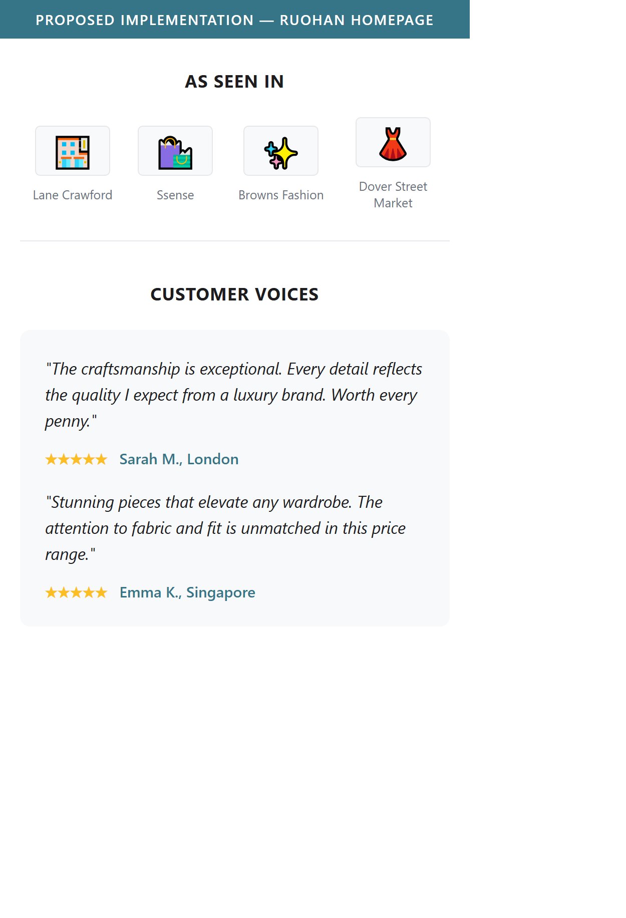 Proposed Implementation — Press logo strip and testimonials section