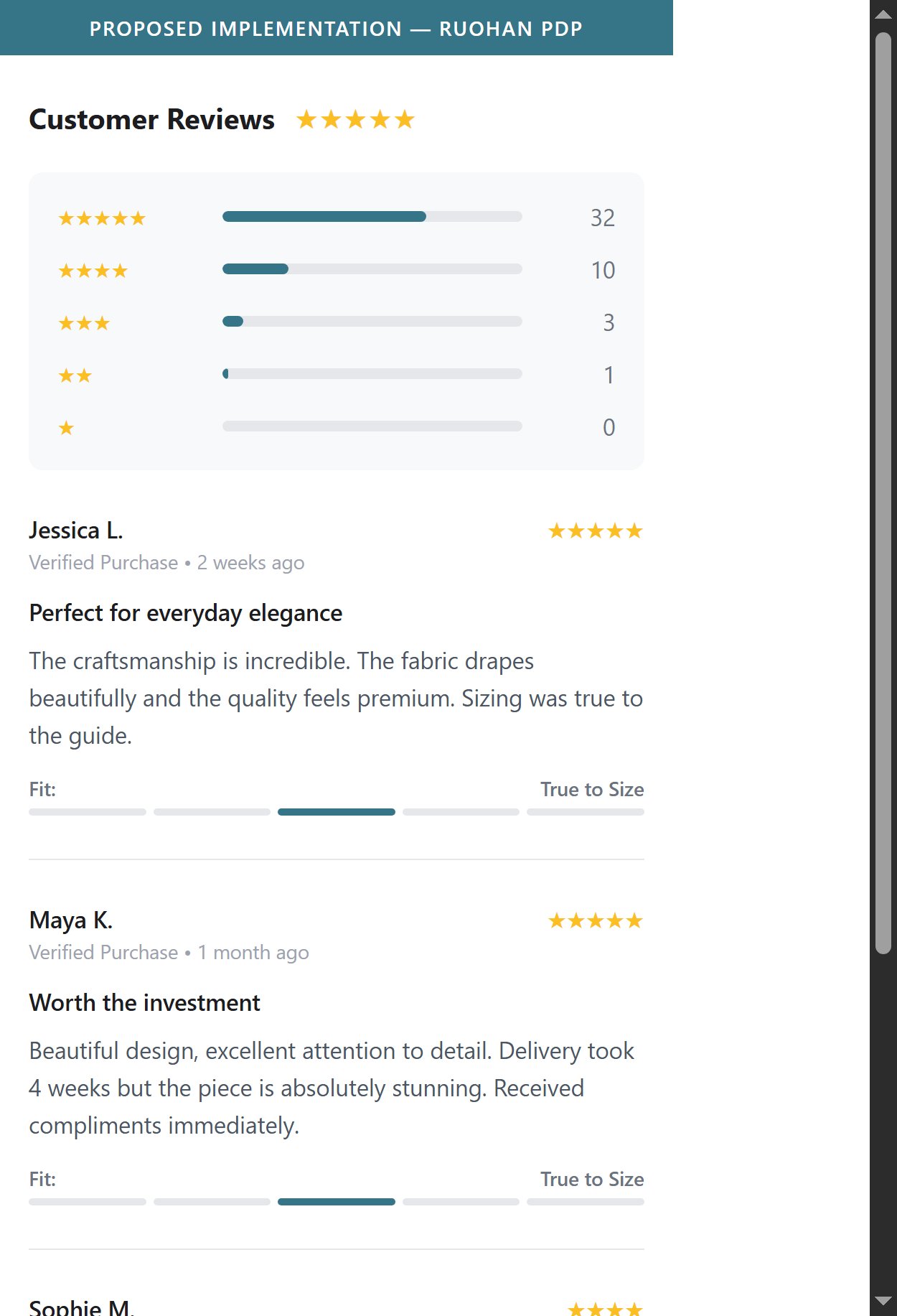 Proposed Implementation — Customer reviews section with fit scale