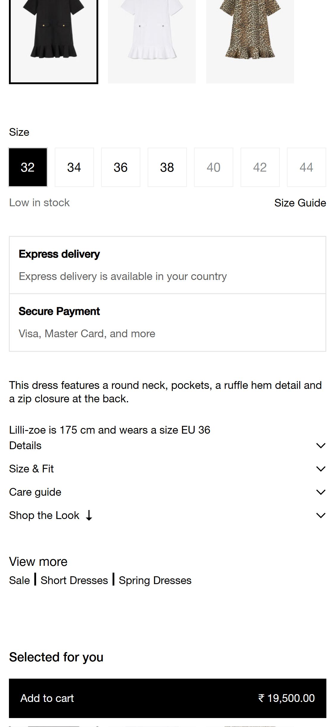 Ganni PDP — Model height and size worn displayed alongside product description